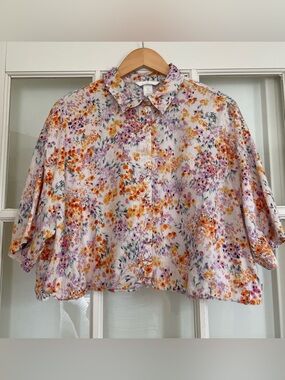 H&M 100% linen cropped floral print short sleeve boxy button up blouse Large L